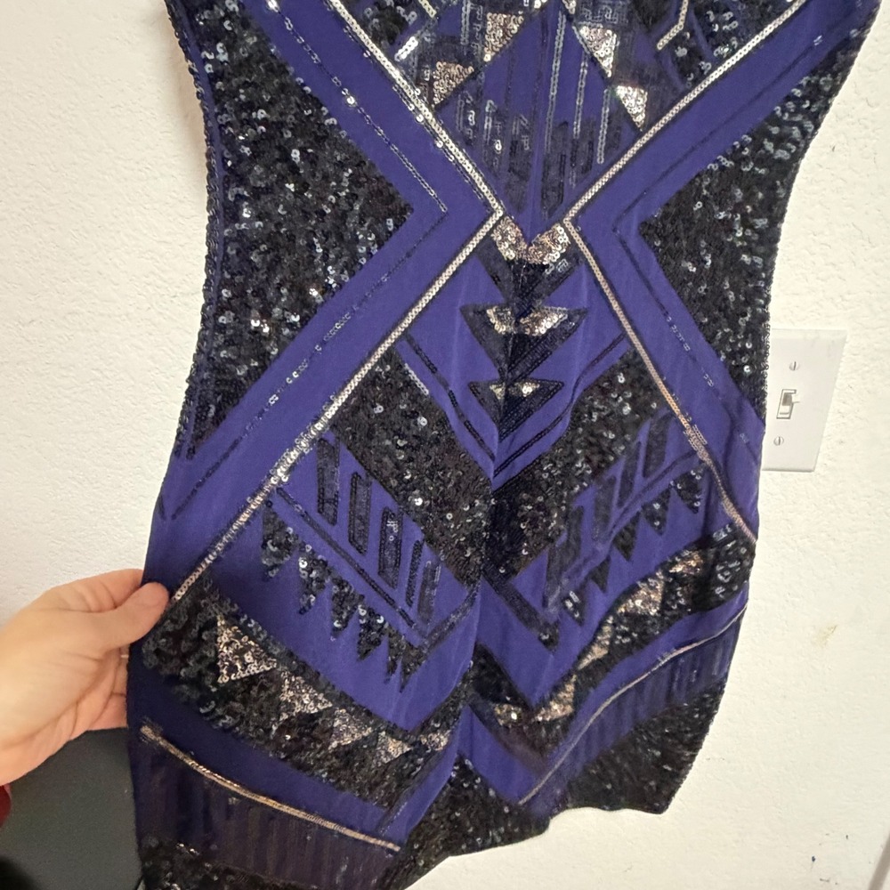 Express Womens Sequin Bodycon Dress Navy Blue Silver Geometric Art Deco Medium - Picture 6 of 8